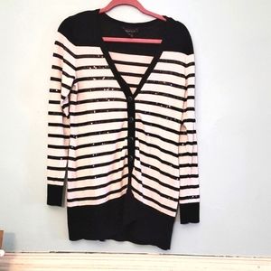 White House Black Market Sequined, black & white striped cardigan size Large